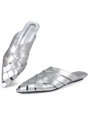 Women's Silver Pointed Toe Mules Braided Slip On Flats Mules Comfortable Shoes